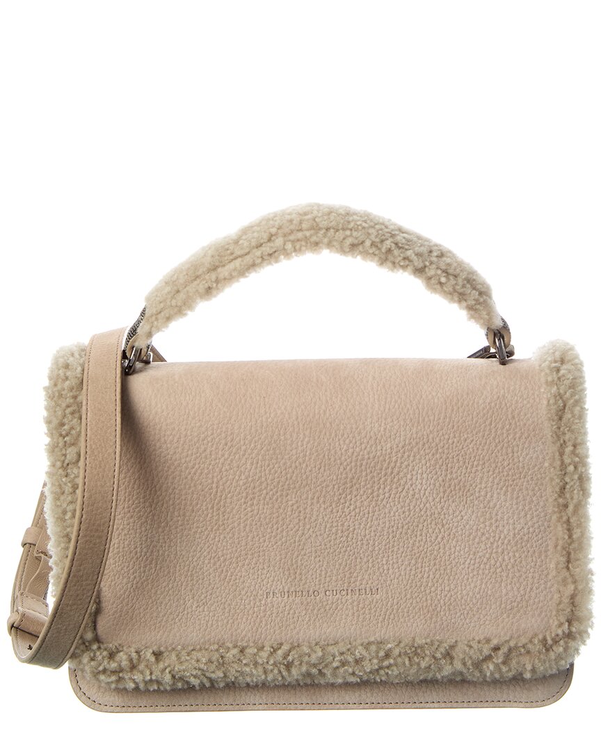 Brunello Cucinelli Leather & Wool Shoulder Bag In Neutral
