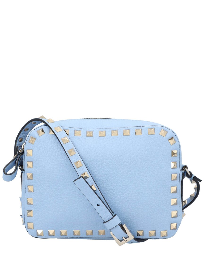 Valentino Blue Calfskin Rockstud Crossbody In Brown