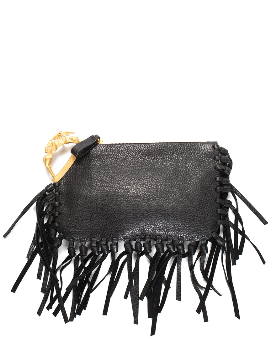 Valentino Garavani Valentino Black Leather C Rockee Fringe Clutch No