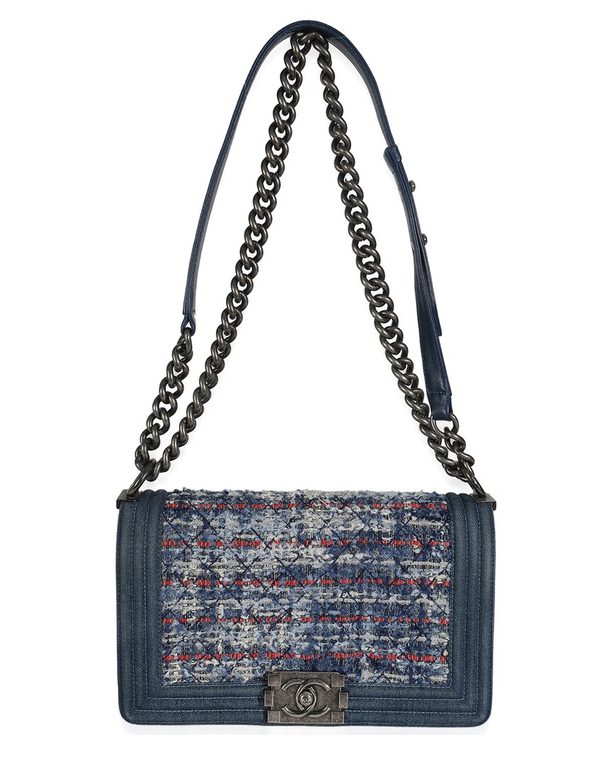 Pre-owned Chanel Blue/red/white Denim & Tweed Old Medium Boy Bag (authentic Pre-loved)