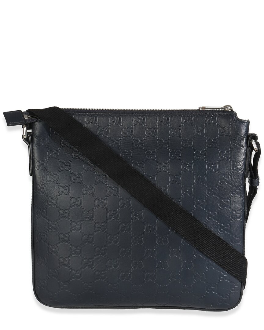 Gucci Blue Ssima Signature Medium Flat Messenger Bag (authentic Pre-  Loved) In Black
