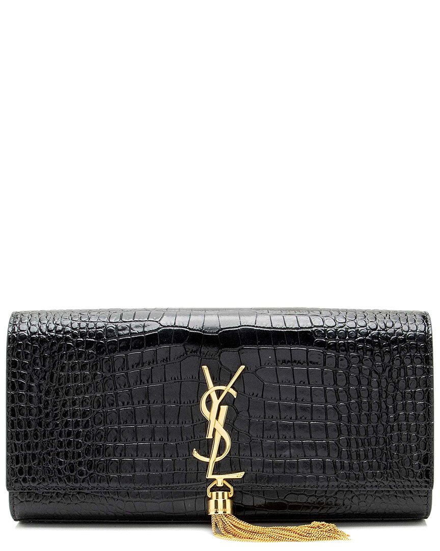 Saint Laurent Black Croc-embossed Leather Monogram Kate Tassel Clutch  (authentic Pre-loved)