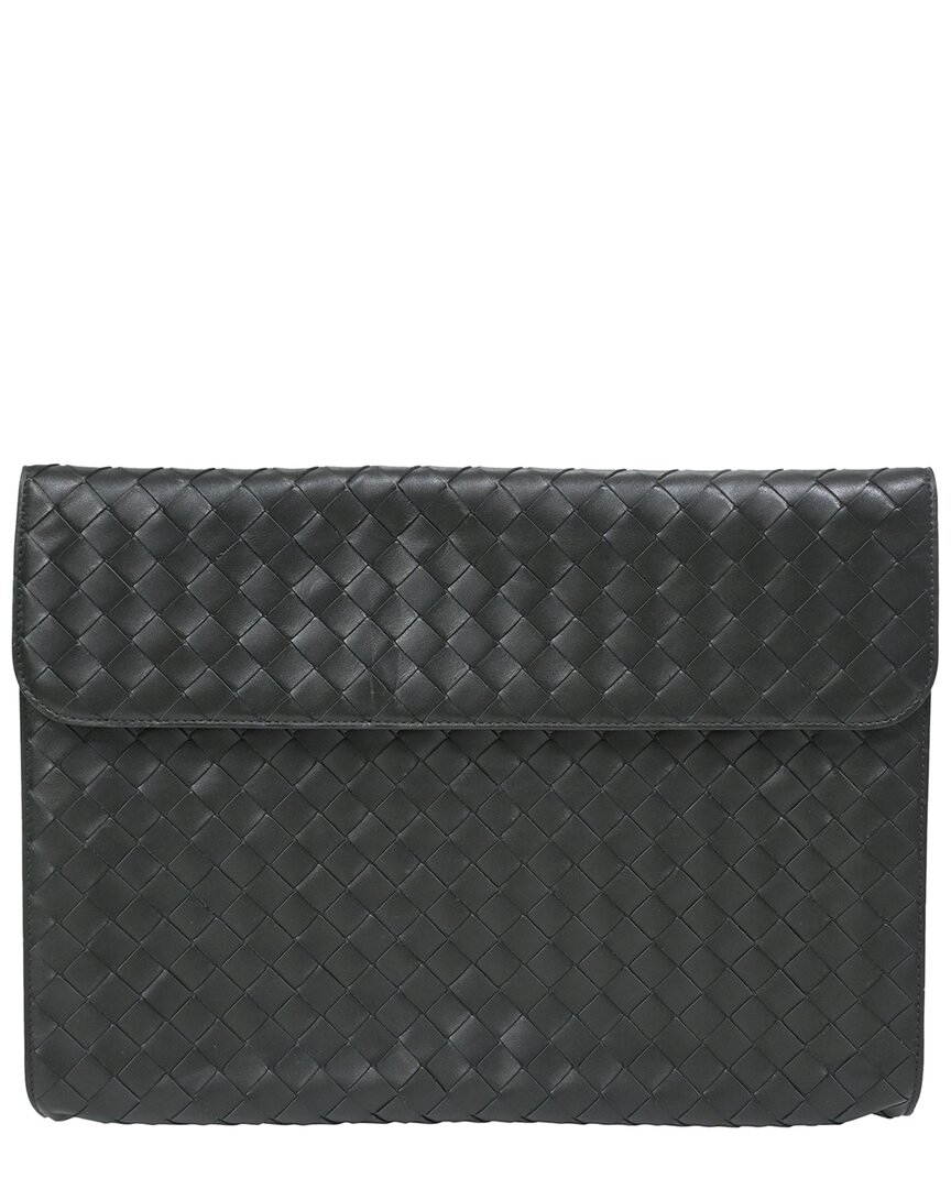Bottega Veneta Green Leather Intrecciato Clutch Bag (authentic Pre-loved) In Black