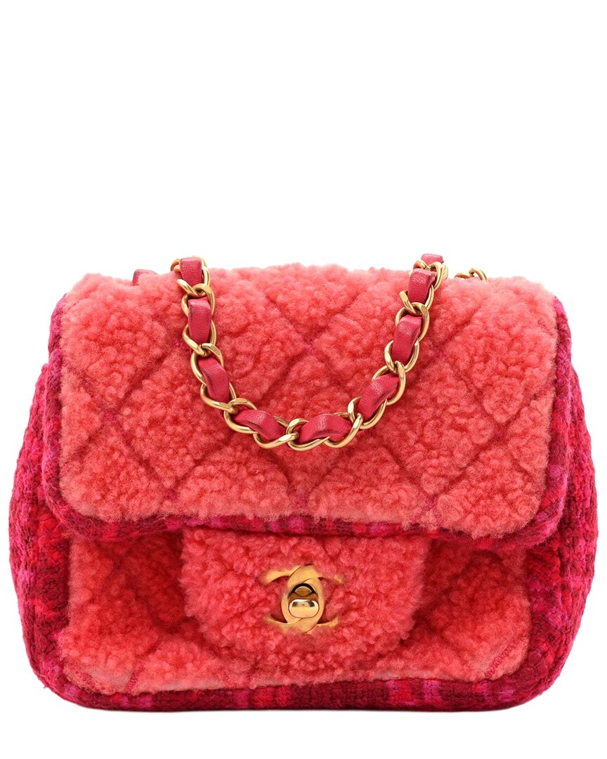 Pre-owned Chanel Pink Shearling Tweed Shearling Quilted Mini Square Flap Bag (authentic Pre-loved)