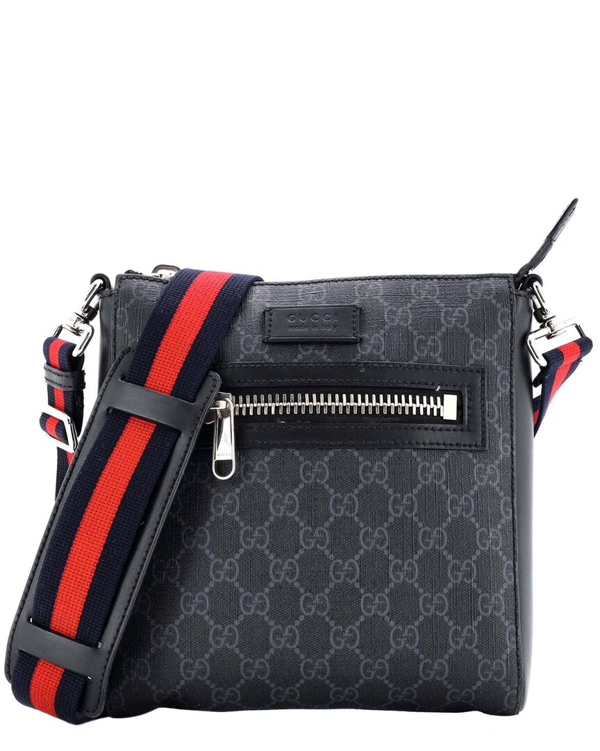 Gucci Black Gg Coated Canvas Web Strap Front Zip Messenger Bag Small  (authentic Pre-loved) In Black