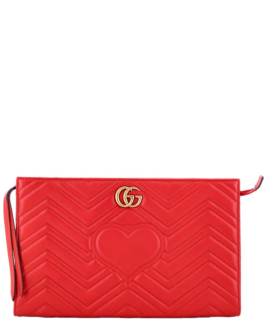 Gucci Red Sheep Leather Gg Marmont Clutch Matelasse (authentic Pre-loved) In Red