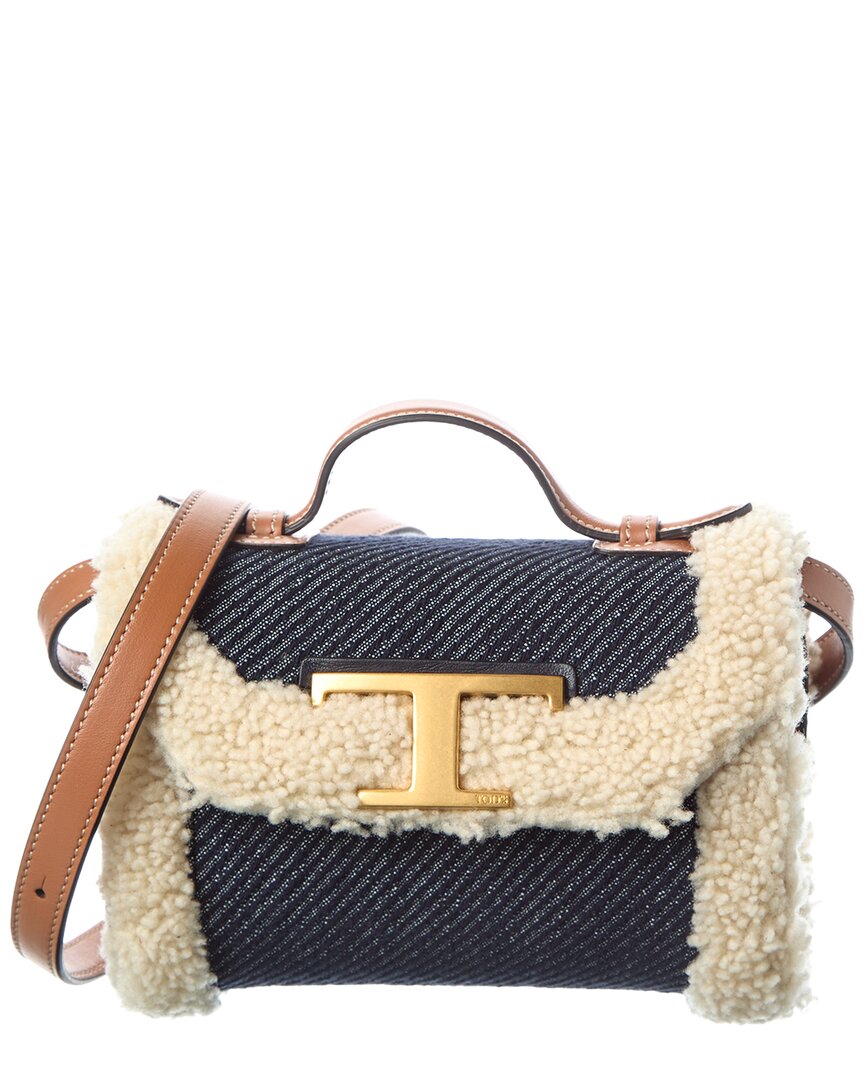 Tod's T Timeless Denim & Shearling Shoulder Bag