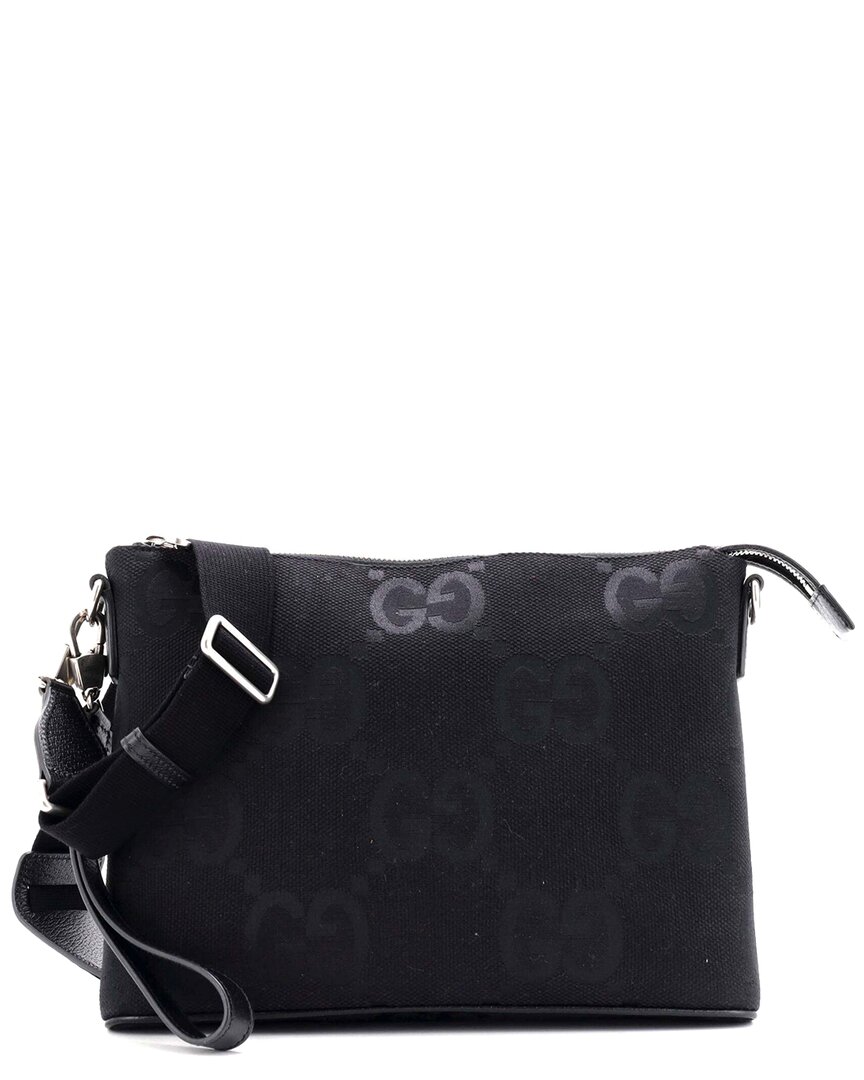 Gucci Zip Messenger Bag Jumbo Gg Canvas (authentic Pre-loved) In Black