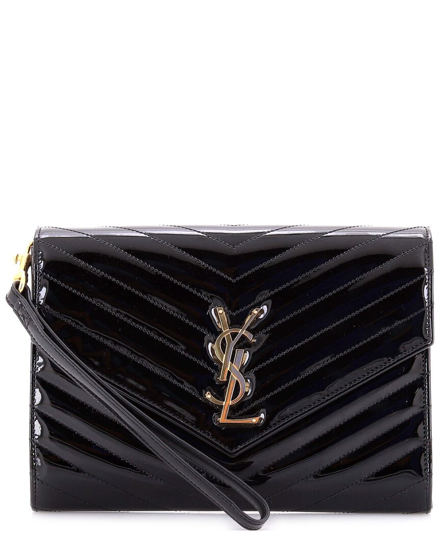 Saint Laurent Black Patent Leather Cassandre Flap Envelope Wristlet Pouch  (authentic Pre-loved)