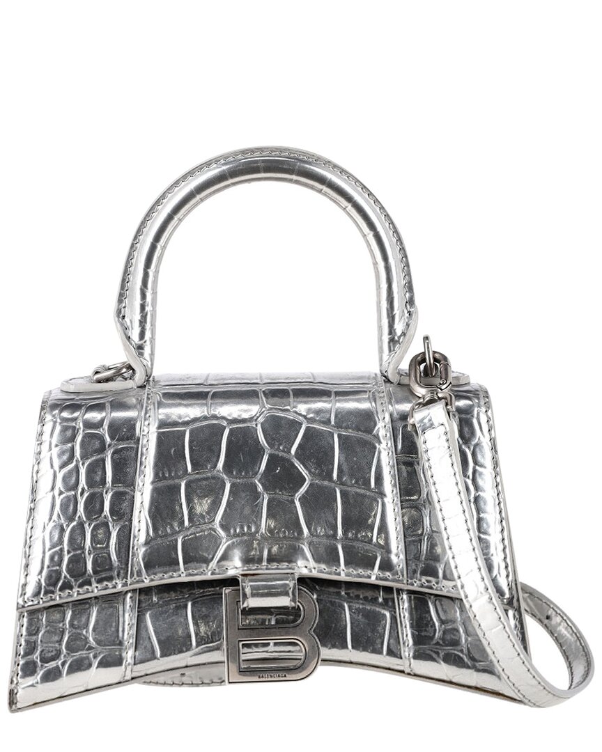 Balenciaga Silver Croc-embossed Calfskin Leather Hourglass Xs Handbag  (authentic Pre-loved)