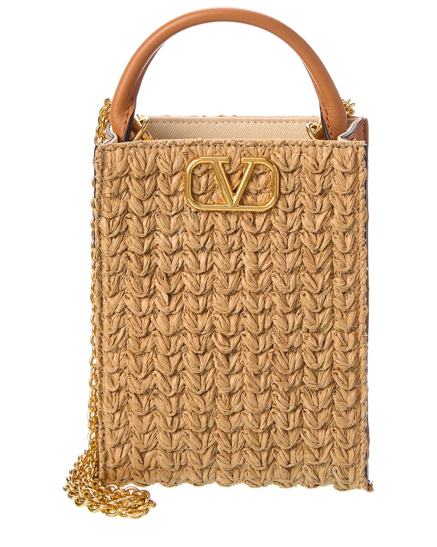 Valentino Garavani Vlogo Straw & Leather Shoulder Bag In Brown ModeSens