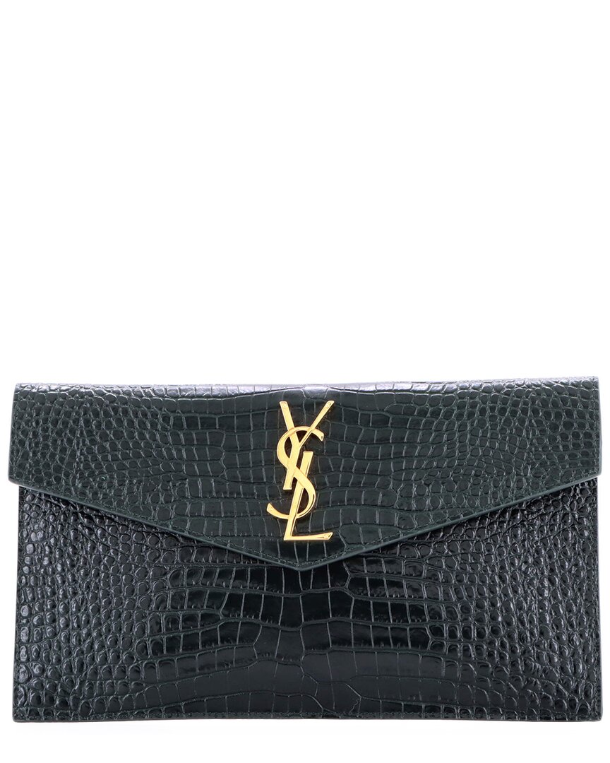 Saint Laurent Green Croc-embossed Sheep Leather Uptown Pouch (authentic Pre-  Loved) In Black