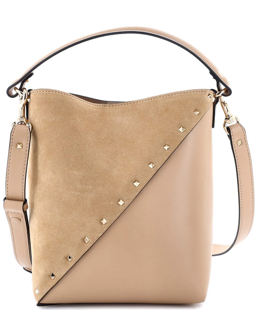 Valentino Garavani Valentino Beige Sheep Leather Rockstud Wispy Bucket Bag Small (authentic Pre-  Loved) In Brown