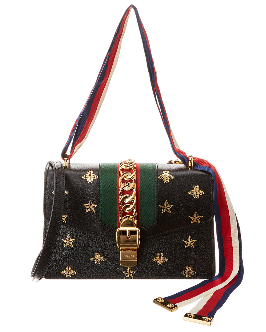 Gucci Sylvie Small Bee & Star Leather Shoulder Bag Women&#39;s Black | eBay