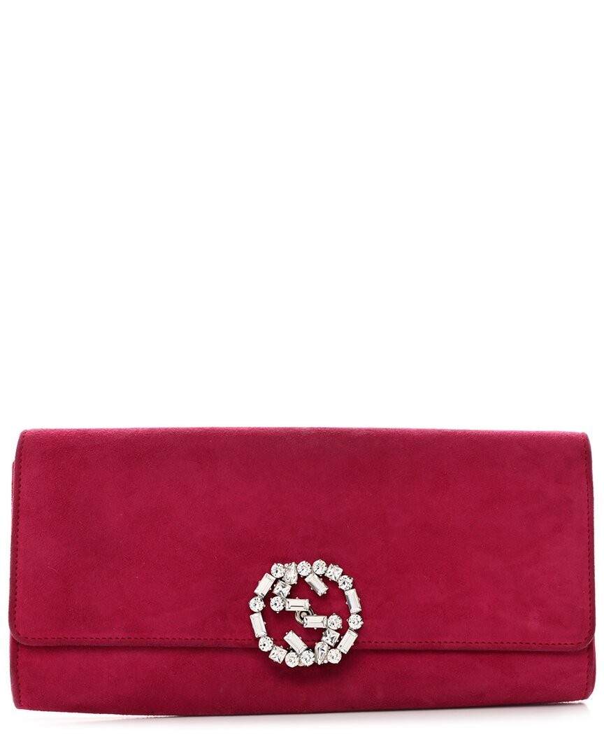 Gucci Pink Suede Crystal Interlocking Clutch (authentic Pre-loved)