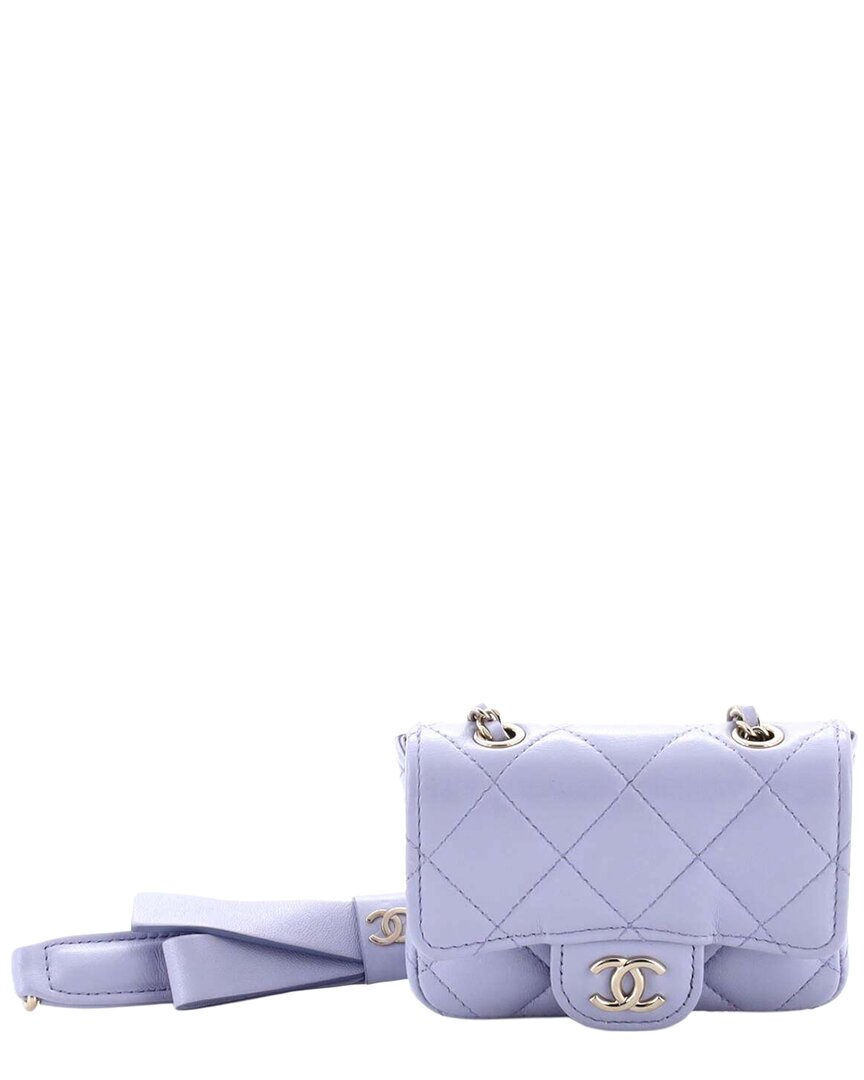 Pre-owned Chanel Purple Sheep Leather Bow Strap Classic Flap Clutch With Chain Mini (authentic Pre-loved)