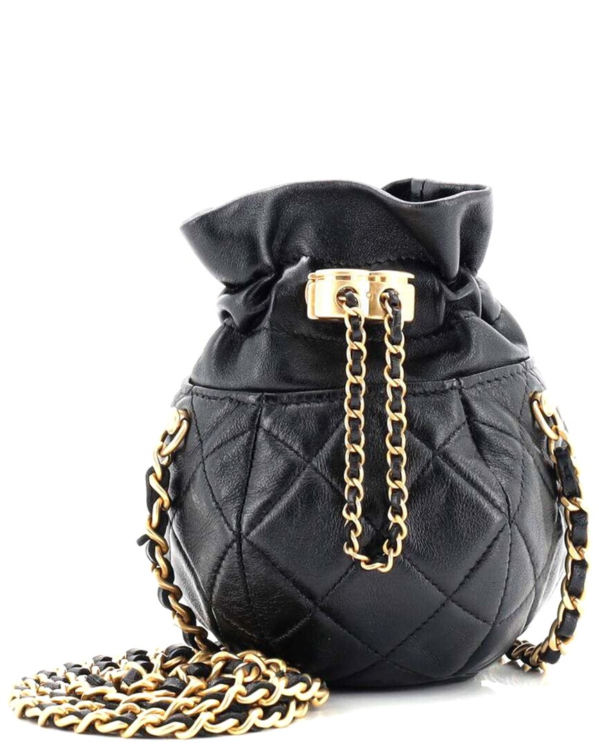 Pre-owned Chanel Black Quilted Lambskin Drawstring Cc Round Bucket Clutch With Chain  Mini (authentic Pre-love