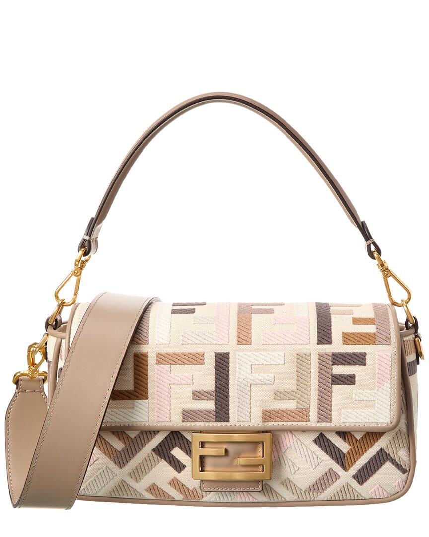 FENDI: Baguette bag in canvas with thread embroidered FF monogram - Yellow  Cream