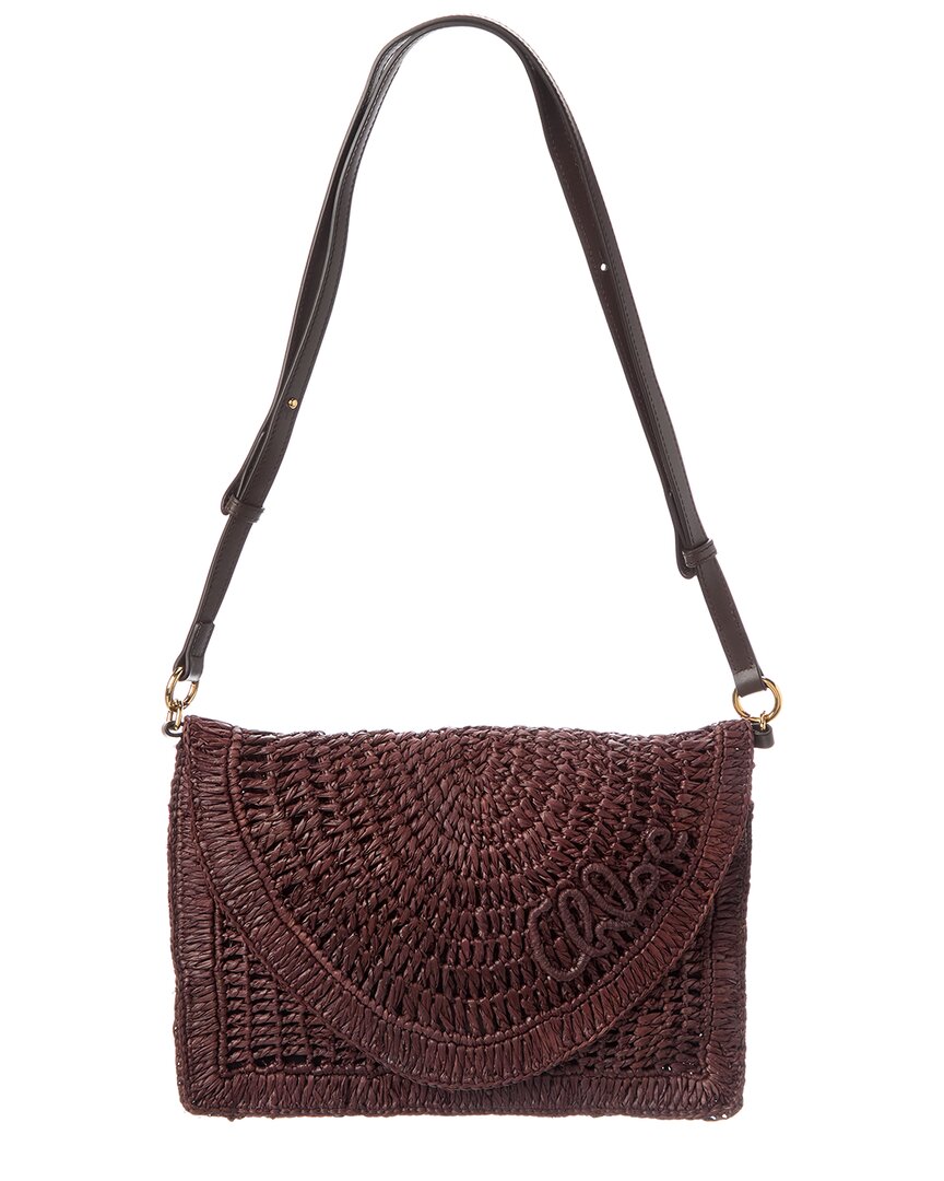 Chloé Summer Banana Flat Raffia & Leather Pouch In Brown