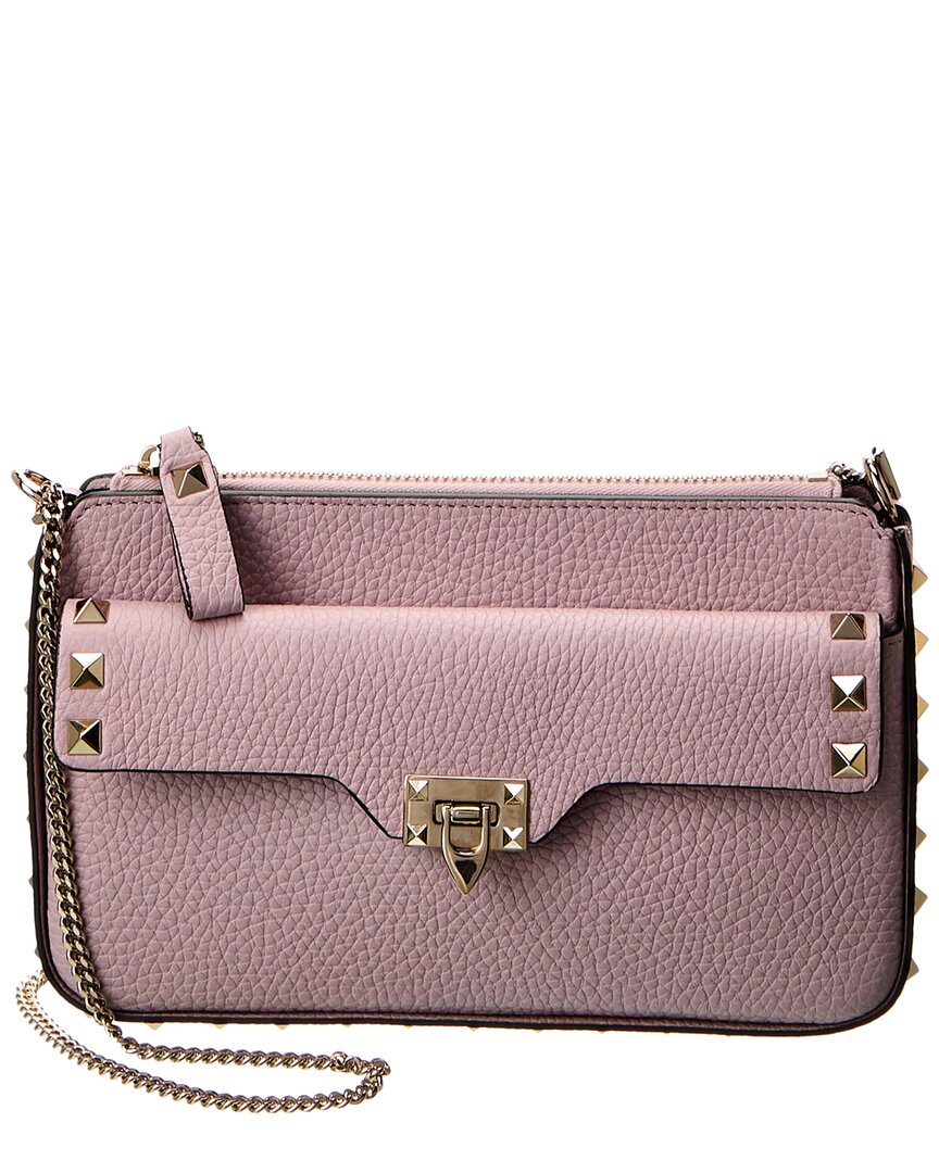 Shop Valentino Rockstud Grainy Leather Wallet On Chain In Pink