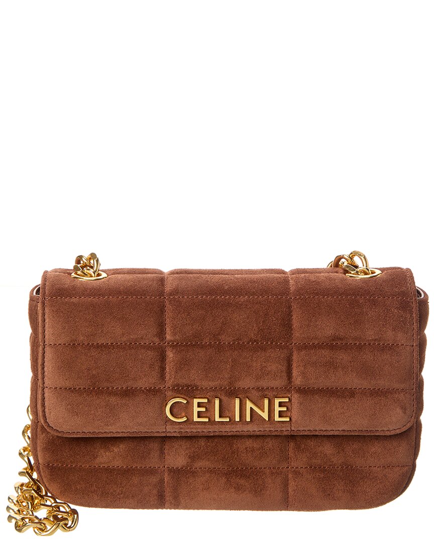 Celine Logo Suede Shoulder Bag In Brown