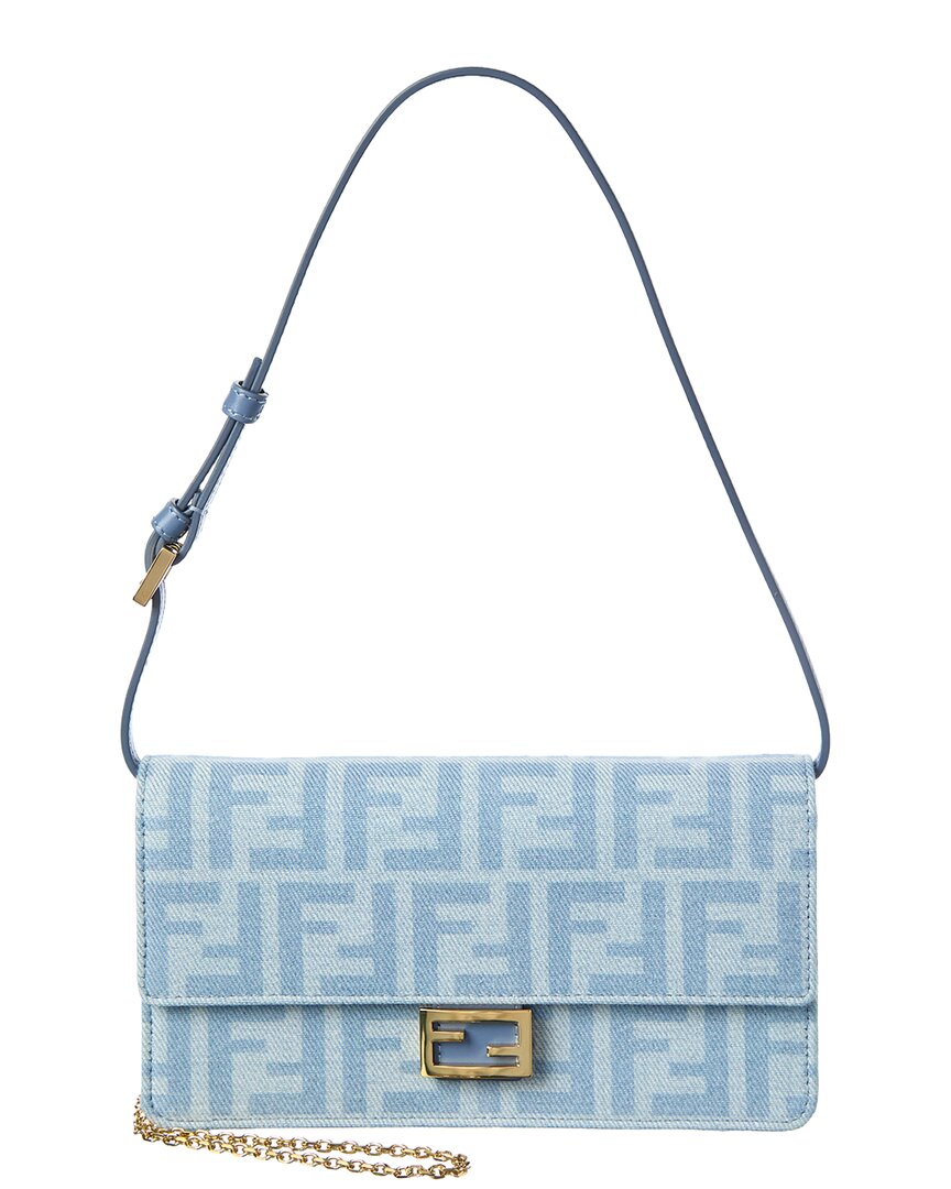 Fendi Baguette Ff Denim & Leather Wallet On Chain In Blue