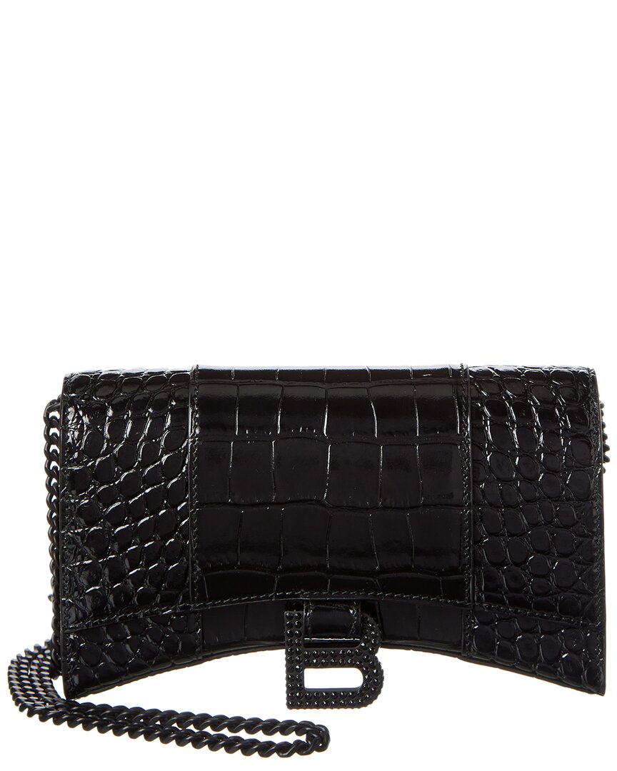 Balenciaga Hourglass Croc Embossed Leather Wallet on A Chain Black