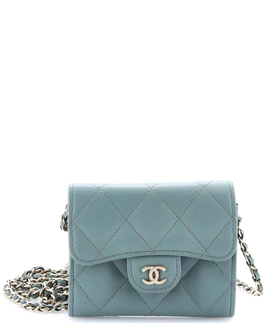 CHANEL Pre-owned Green Quilted Caviar Leather Classic Flap Clutch With Chain Small (authentic Pre-loved)