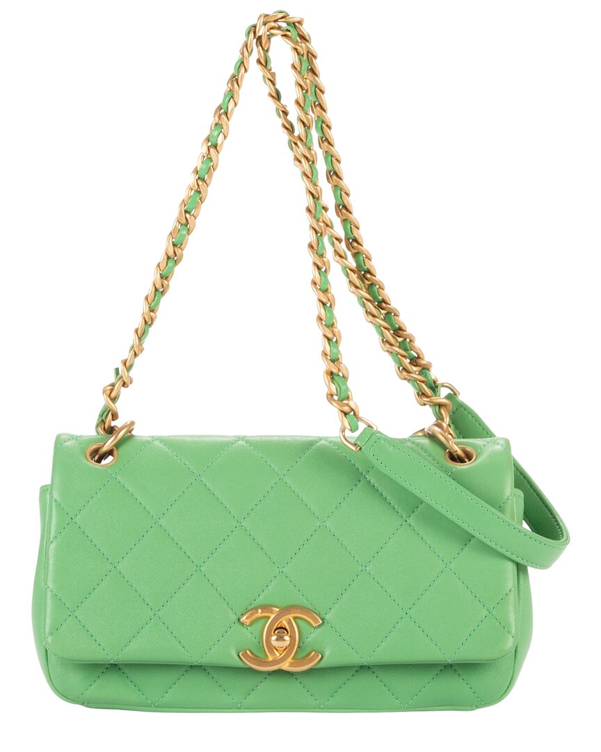 Chanel Green Quilted Smooth Leather Top Handle Satchel Single Flap