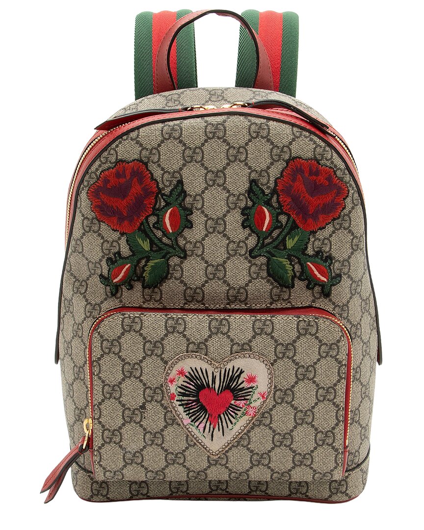 Pre-owned Gucci Beige Gg Supreme Canvas Embroidered Heart Roses Day Small Backpack  (authentic Pre-loved)