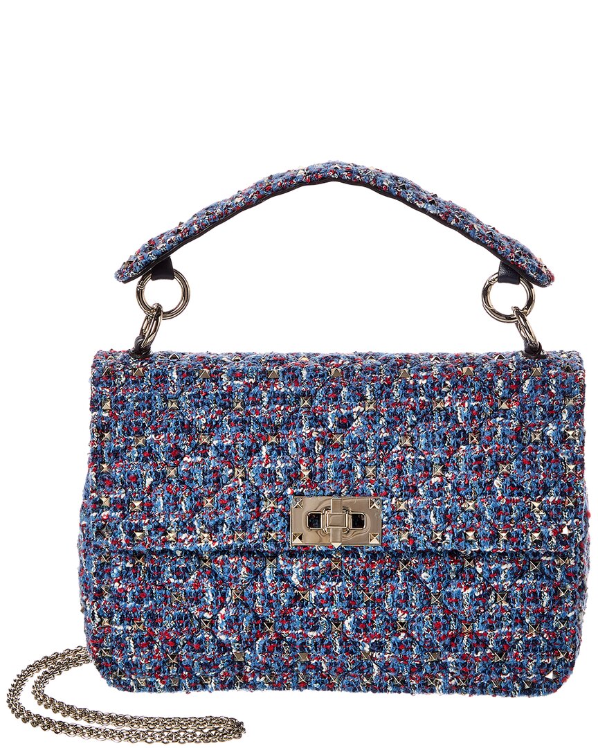 Valentino Blue/Red Rockstud Spike Medium Tweed Shoulder Bag