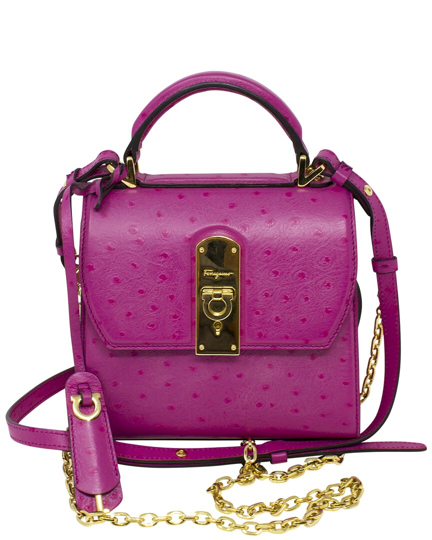Ferragamo Pink Ostrich Leather Limited Edition Lock Top Handle Bag (authentic  ) In Purple