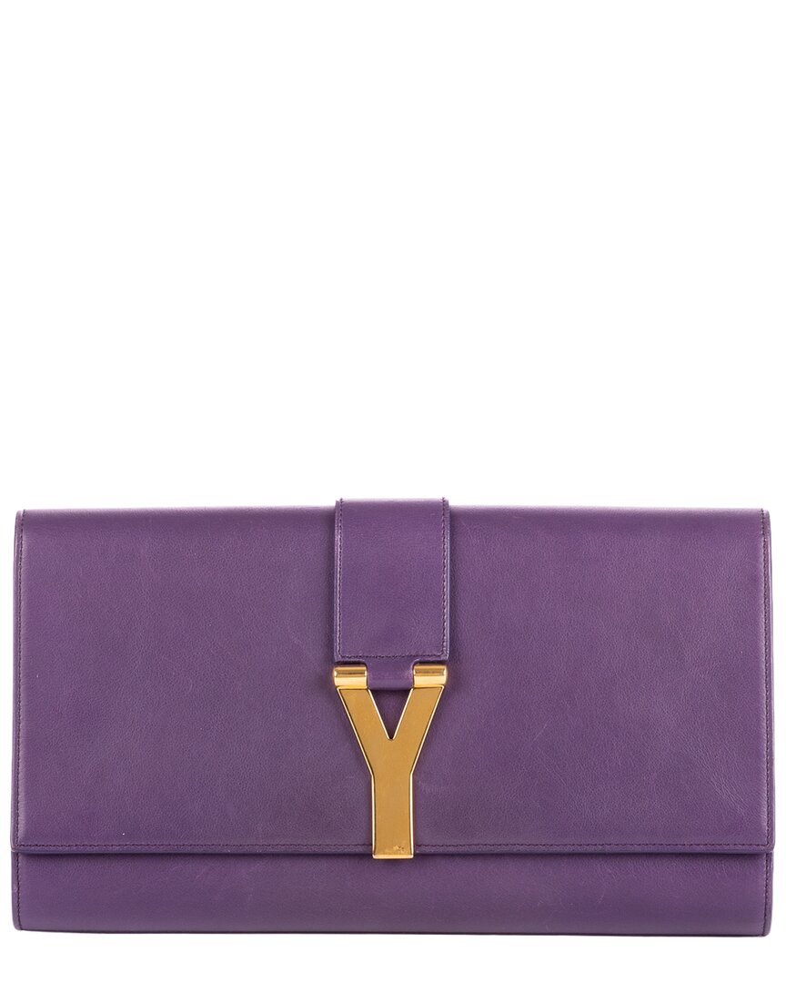 Pre-owned Saint Laurent Purple Calfskin Leather Classic Y Line Clutch (authentic Pre-  Loved)