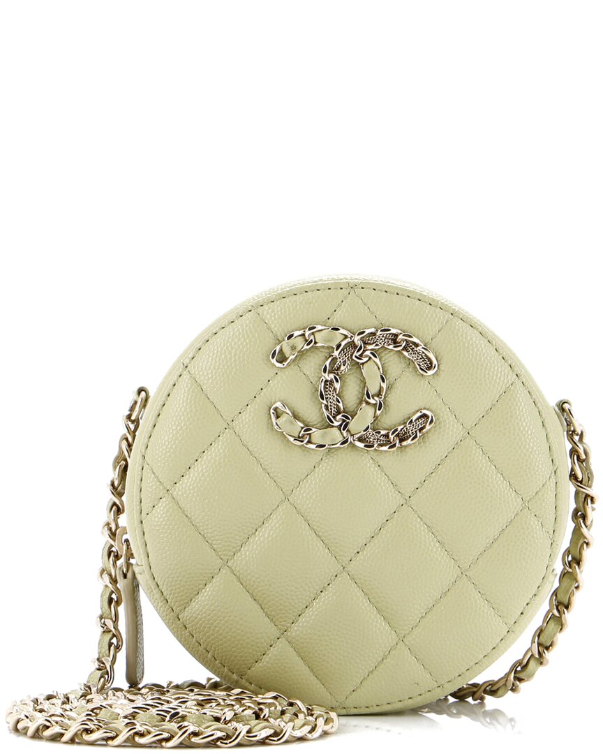 Pre-owned Chanel Green Quilted Caviar Leather French New Wave Round Clutch With Chain  (authentic Pre-loved)