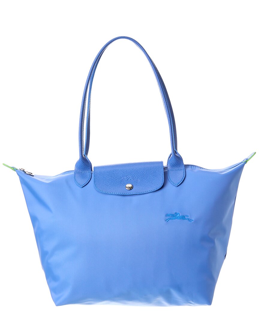 Shop Longchamp Le Pliage Green Medium Canvas & Leather Shoulder Bag In Blue