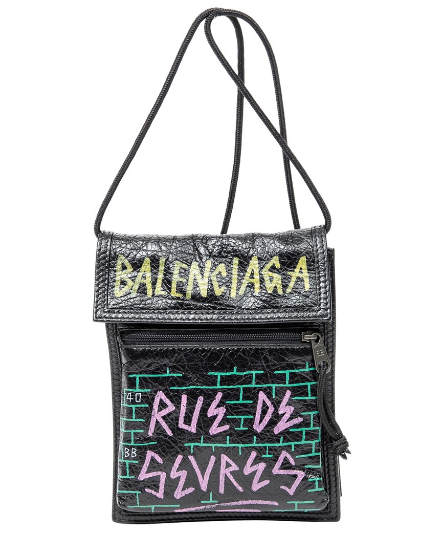 Balenciaga Black Graffiti Print Distressed Leather Explorer Pouch Crossbody