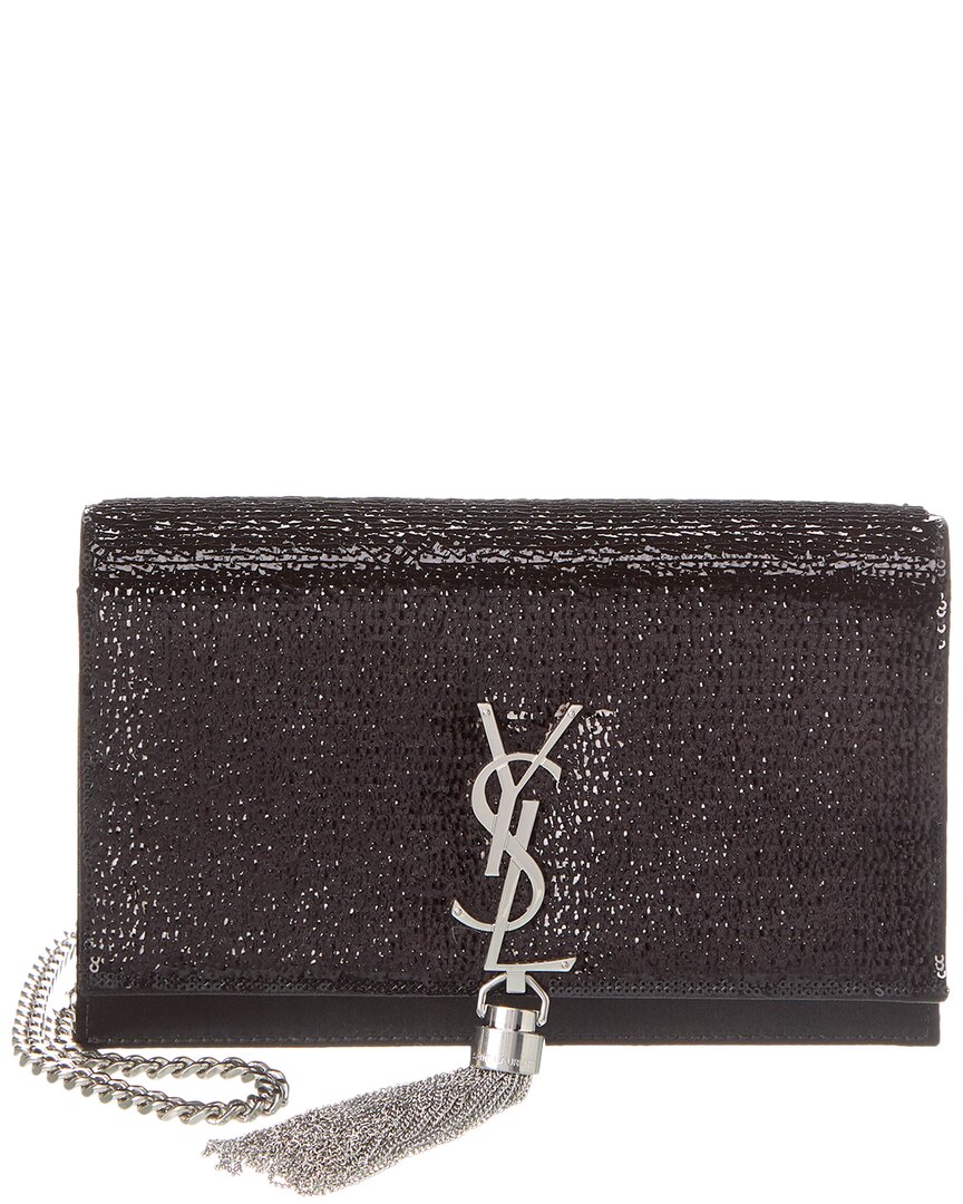 Shop Saint Laurent Kate Satin Wallet On Chain In Black