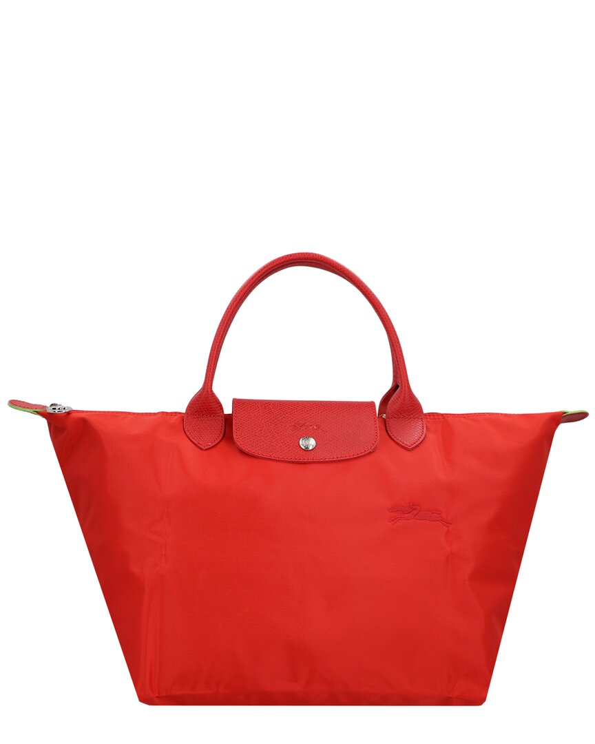 Shop Longchamp Le Pliage Green Medium Canvas & Leather Bag In Red