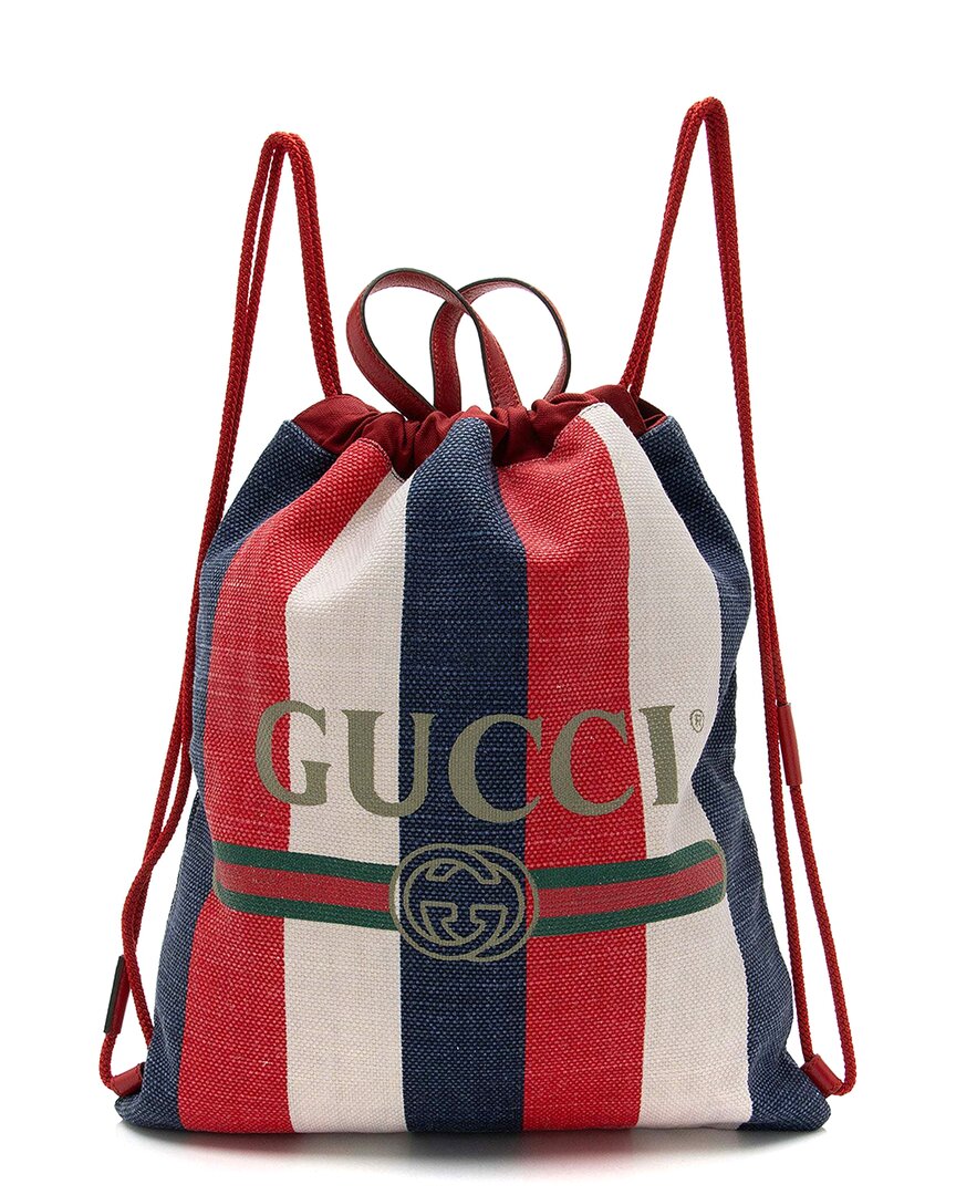 Gucci Blue Canvas Sylvie Stripe Logo Drawstring Backpack (authentic Pre-loved) In Multi