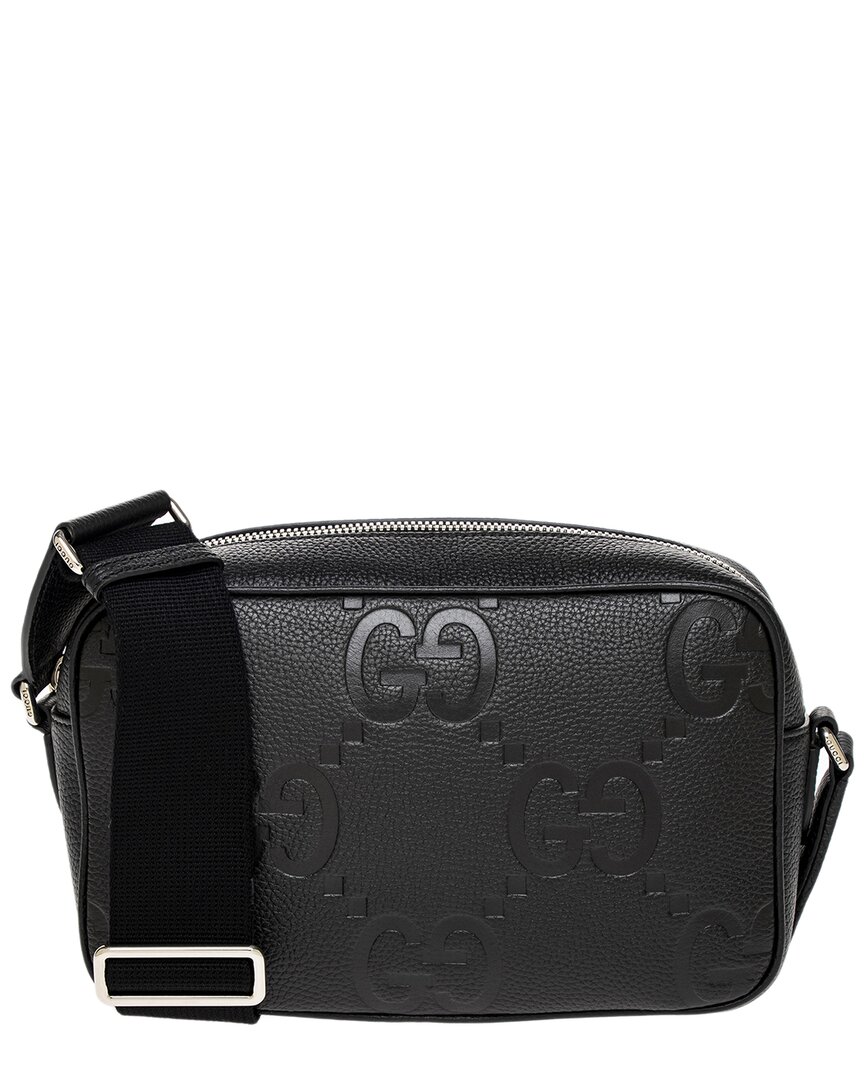 Shop Gucci Jumbo Gg Medium Leather Messenger Bag In Black