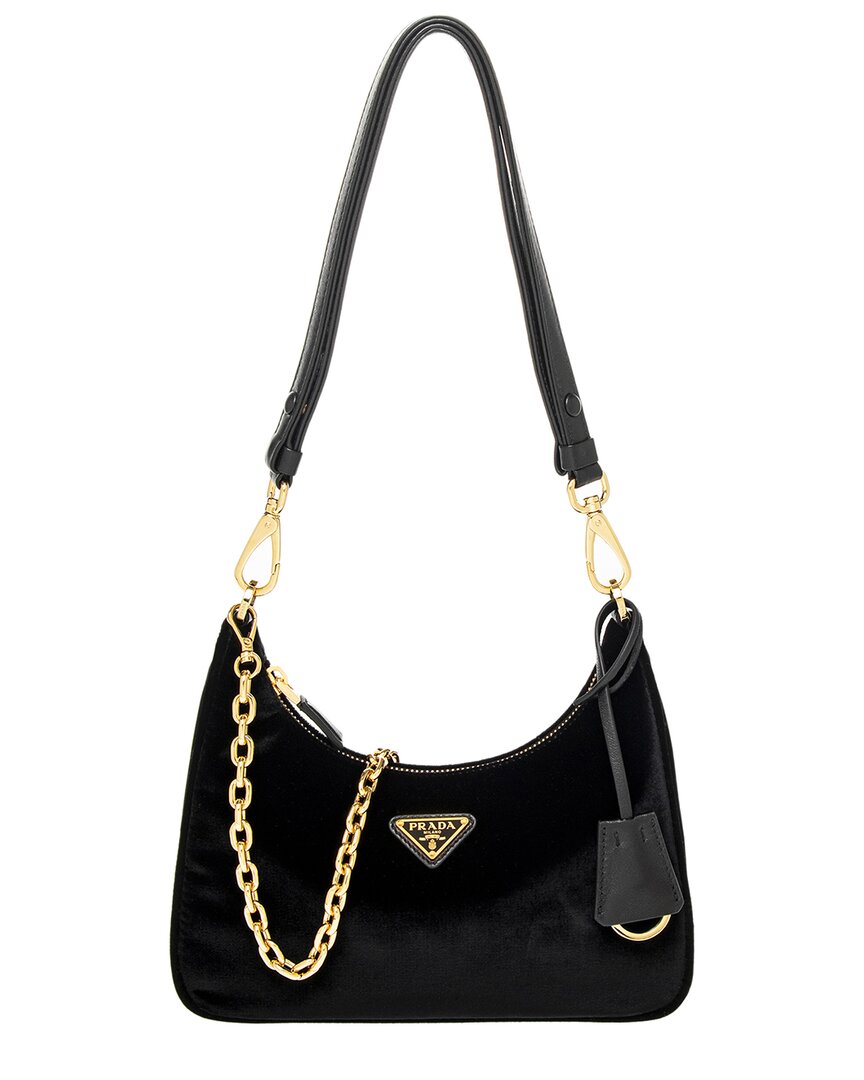 Shop Prada Re-edition Velvet Mini Leather-trim Shoulder Bag In Black