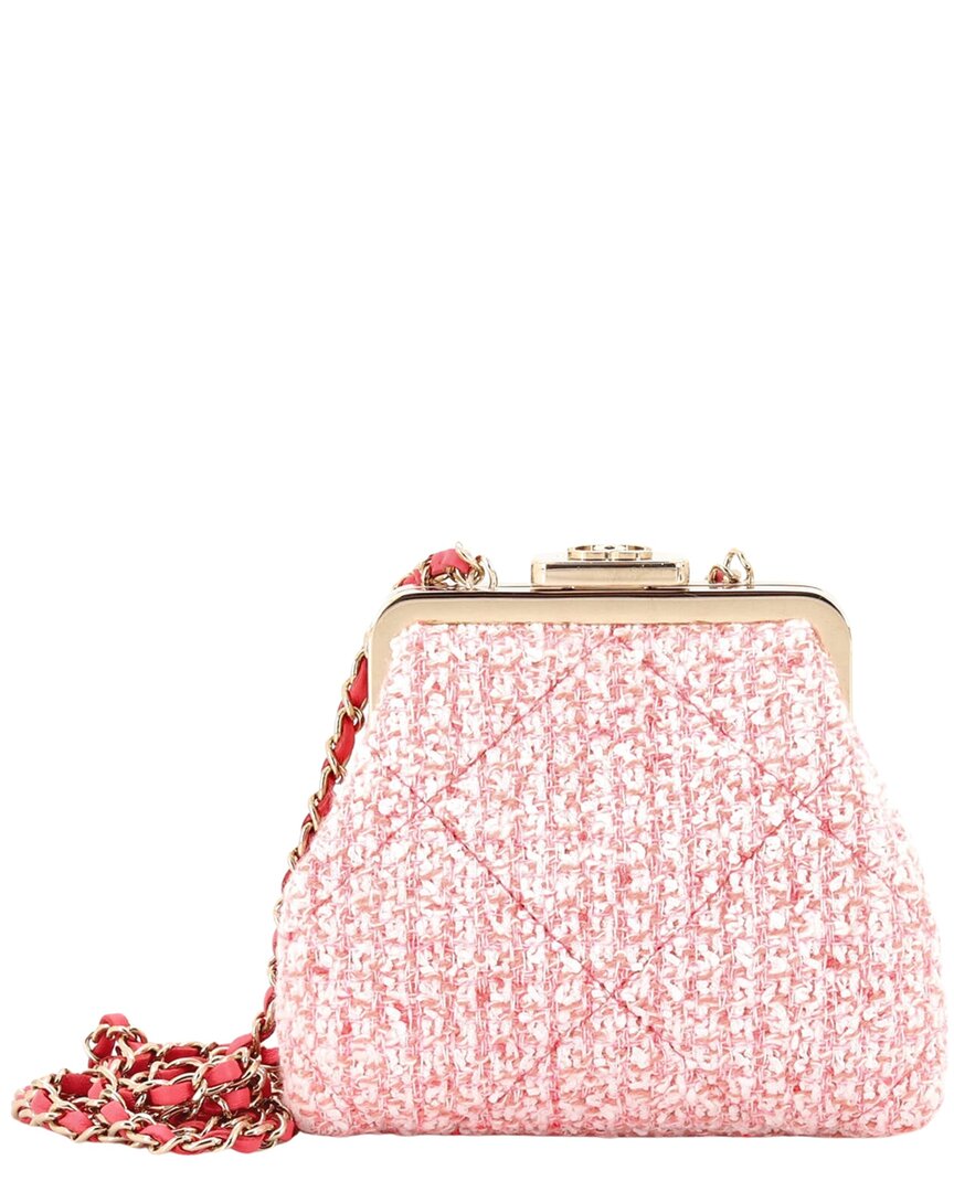 Chanel Pink Tweed Quilted Canvas Kisslock Frame Clutch Crossbody