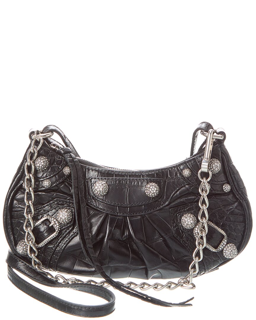 Shop Balenciaga Le Cagole Mini Croc-embossed Leather Shoulder Bag In Black