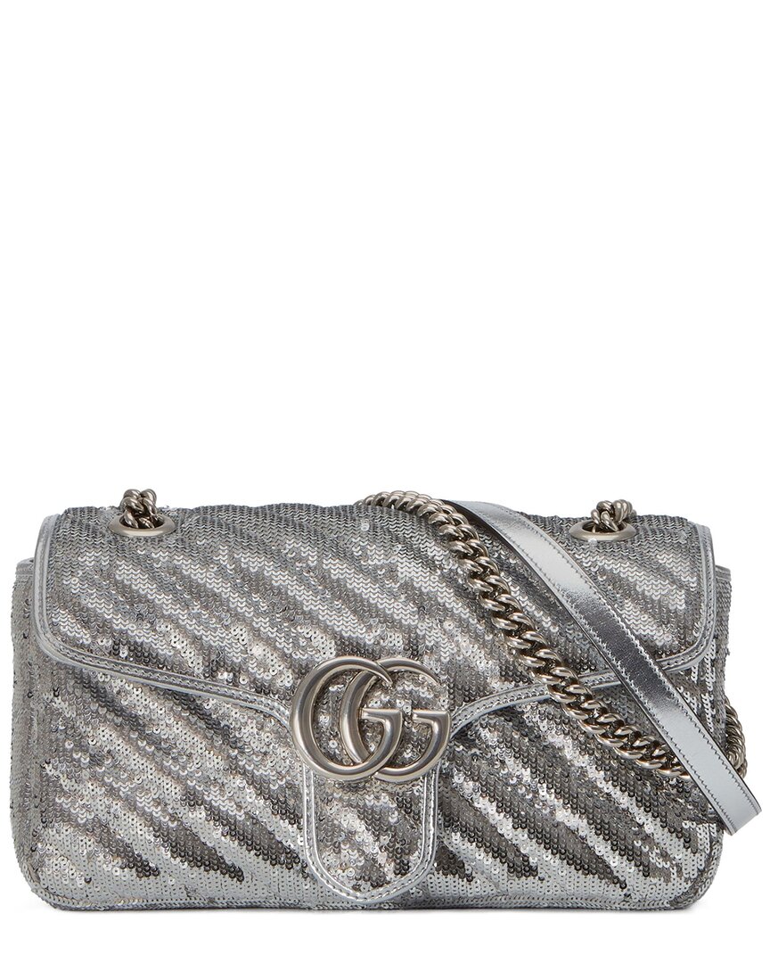 Gucci Gg Marmont Small Sequin Silk & Leather Shoulder Bag In Silver