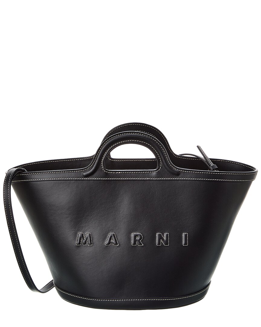 Marni Women Black Leather And Raffia Small Tropicalia Summer Handbag