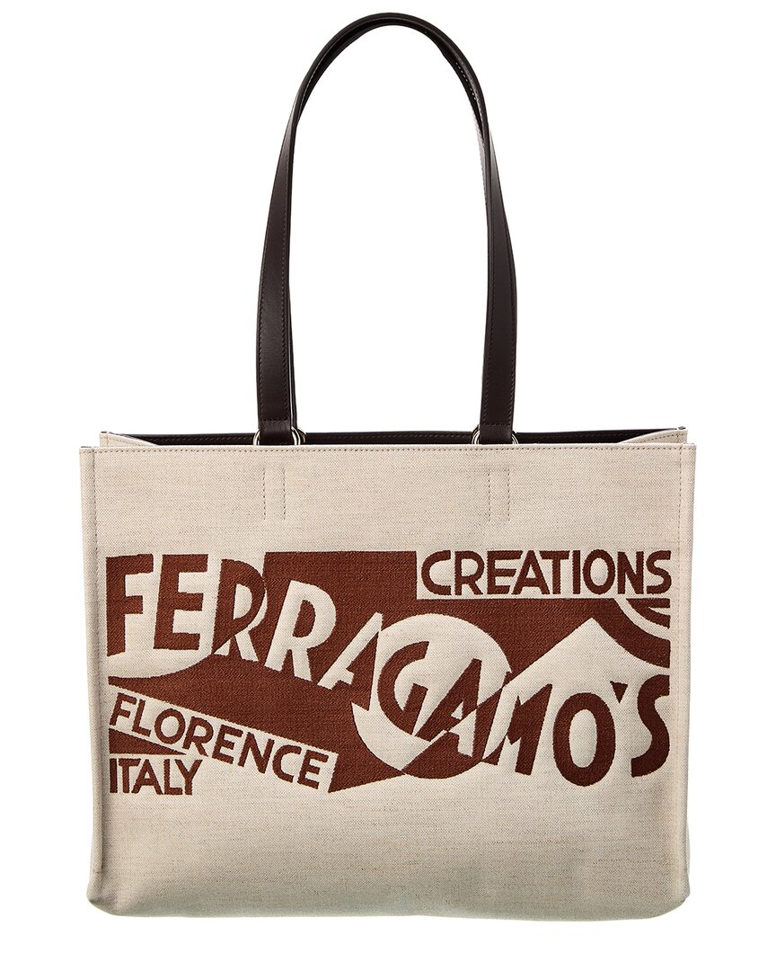 Ferragamo Sand Canvas Shopping Bag In Brown
