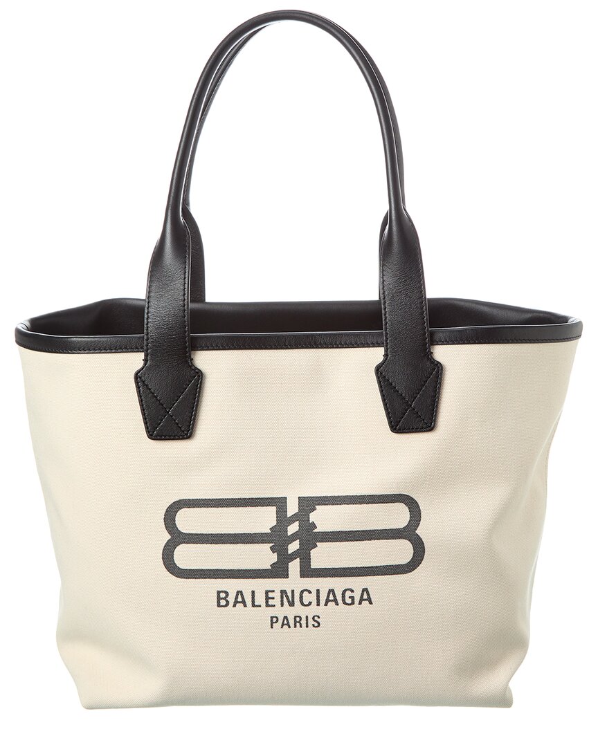 Balenciaga Women's Leather Trim Logo Jumbo Canvas Tote Bag In White