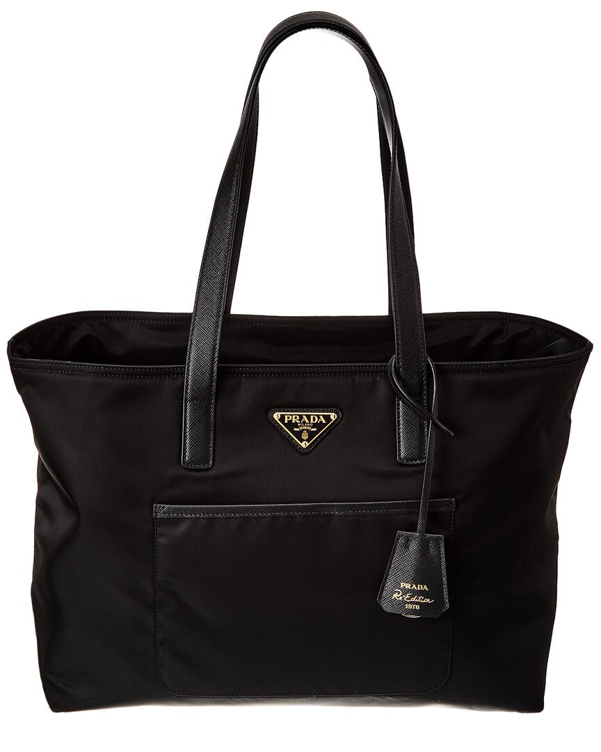 Prada Logo Nylon & Saffiano Leather Tote In Black