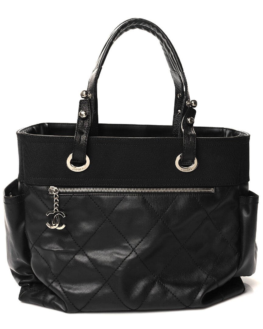 Pre-owned Chanel Black Coated Canvas Paris Biarritz Pm (authentic )