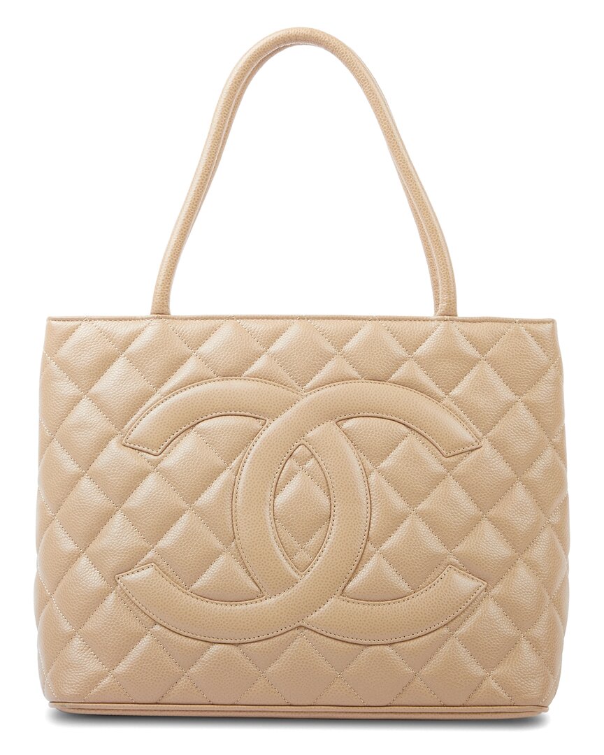 Pre-owned Chanel Beige Caviar Leather Medallion Tote Ghw (authentic )